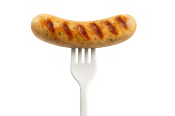 Grilled bratwurst sausage on a white plastic fork, barbecue food ready for eating, isolated on transparent background
