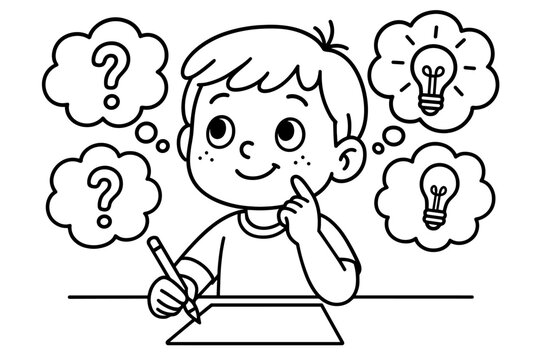 Creative Kids' Ideas. problem solving children?s coloring book illustration, outlined drawing, a child thinking creatively with thought bubbles and lightbulb