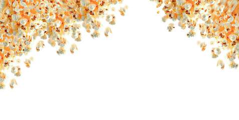 Pipocas caindo do ce&uacute;. Papel de parede em fundo transparente com pipocas para cinemas, filmes e series