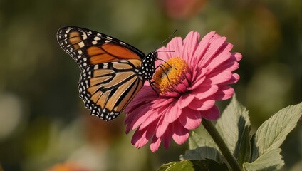 Obraz premium Beautiful Monarch Butterfly Feeding on a Vibrant Pink Zinnia Flower.