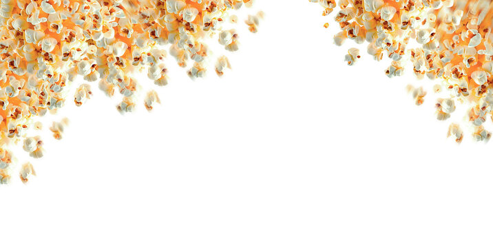 Pipocas caindo do ce&uacute;. Papel de parede em fundo transparente com pipocas para cinemas, filmes e series