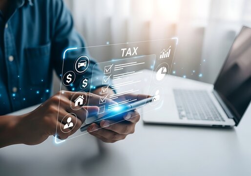 Man using smartphone with futuristic holographic financial and business icons overlaying the screen
