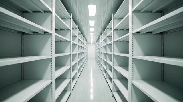 Expansive, modern empty warehouse shelves receding into a bright, clean distance, perfect for inventory or storage concepts