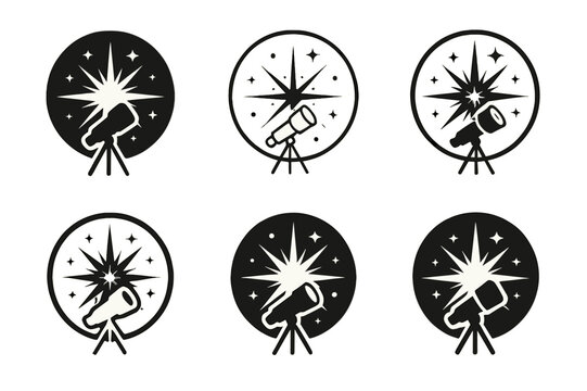 Space Telescope Logos. space telescopes. Set Logo of space telescopes: deep-field starburst within aperture ring. Icon set. harmonious logo variations of the