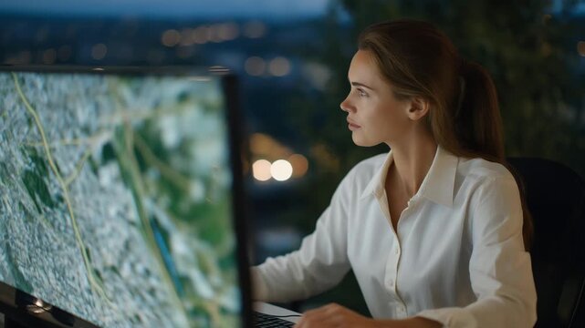 A 911 dispatch supervisor observes real-time holographic feeds of police patrols across a digital city map, integrating AI-processed data to predict crowd movements and ensure officer safety during