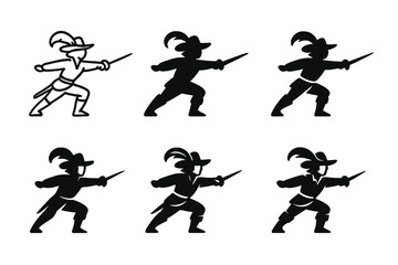 Obraz premium Dramatic Sword Logos. An actor performing a dramatic sword fight on stage. Set Logo of An actor performing a dramatic sword fight on stage: plume hat and sword