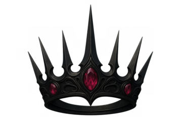 Black crown featuring spiked tips and red ruby gemstones for themes of dark royalty, power, villainy, and fantasy on transparent background