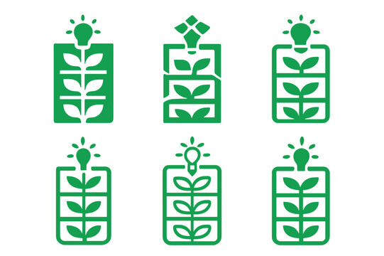 Innovative Climate Logos. Innovative solutions for climate change. Icon set. Set Logo of innovative solutions for climate change: vertical farming system.
