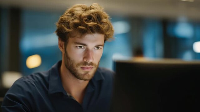 AI-assisted crypto trading algorithm analyzing market trends in a futuristic office, emotion of focus and precision visible, symbolizing predictive financial modeling, blockchain trading