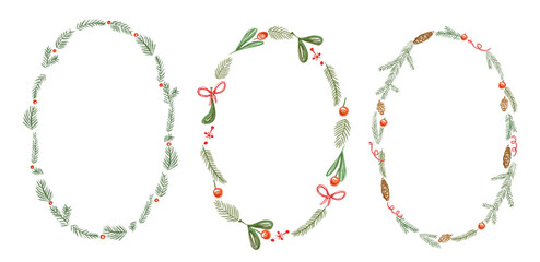 Set of cute whimsical Christmas wreaths drawn with colored pencils, simple festive greenery wreath illustrations for holiday cards and decorations