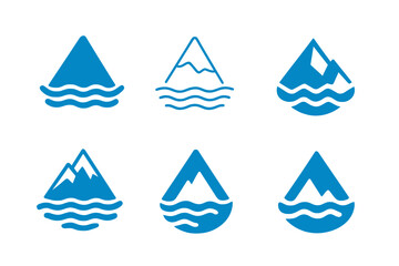 Melting Glaciers Icons. Melting glaciers. Icon set. Set Logo of melting glaciers: ice mountain dissolving into waves. harmonious logo variations of the same