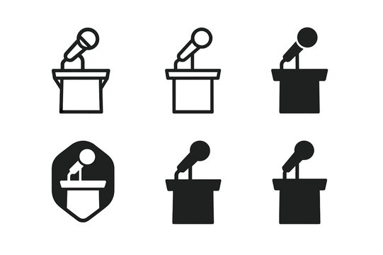 Cosplay Event Logo Variations. Fan conventions and cosplay events. Set Logo of panel talk: microphone on stage podium. Icon set. harmonious logo variations of