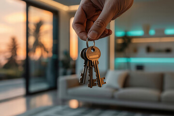 Close-up of a hand holding shiny golden house keys in a sophisticated, modern apartment living room at sunset, symbolizing new home ownership and security.