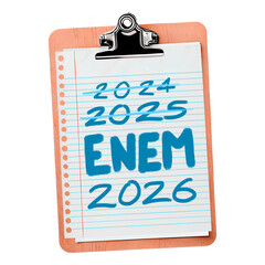 Prepara&ccedil;&atilde;o para o ENEM 2026 escrito em papel de prancheta de madeira em fundo transparente sem fundo