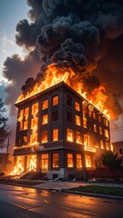 A multi-story building engulfed in flames with thick smoke billowing