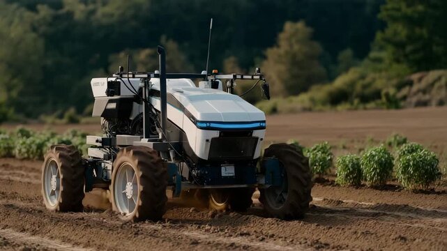 Autonomous robotic tractor performing AI-guided planting across vast farmland, emotion of calm efficiency visible, symbolizing agricultural automation, smart machinery, and sustainability in
