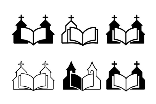 Ecumenical Logo Variations. The history of Christian ecumenical movements. Icon set. Set Logo of ecumenism: open Bible linking two churches. harmonious logo