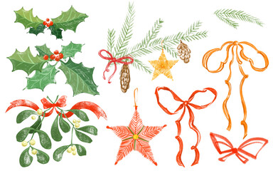 Bright festive Christmas illustrations in colored pencil style with holly, mistletoe, gifts, ribbons, and ornaments for cards, stickers, and holiday design, scrapbooking