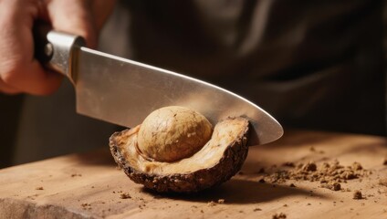 Chef slicing ripe avocado with large knife on wooden board with cocoa powder.