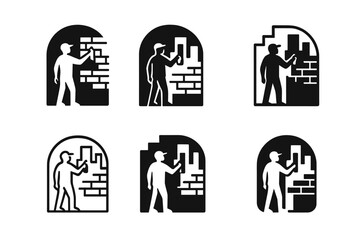 Street Art Logos. Street artist working on artwork. Set Logo of Street artist working on artwork: wall mural with urban skyline. Icon set. harmonious logo