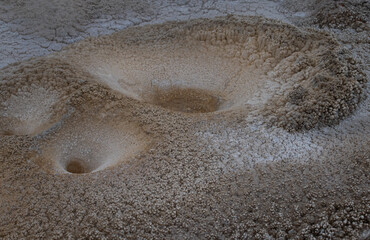 Small geyser craters surrounded by geyserite pearls, Yellowstone National Park