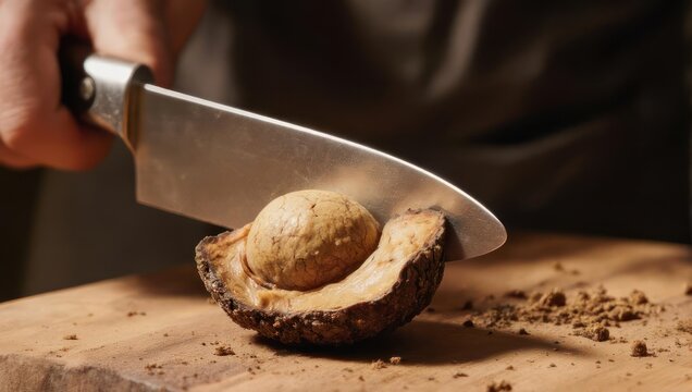 Chef slicing ripe avocado with large knife on wooden board with cocoa powder.