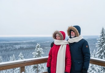 Woman and man standing on observation deck enjoying winter landscape. Elderly couple on a snowy mountain top for travel and adventure concept.