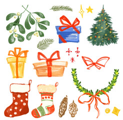 Bright festive Christmas illustrations in colored pencil style with holly, mistletoe, gifts, ribbons, and ornaments for cards, stickers, and holiday design, scrapbooking