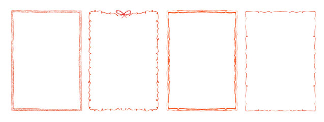 Set of cute whimsical simple red rectangular frames, borders in playful doodle style, with ribbons, simple lines for Christmas cards, posters, and festive paper design