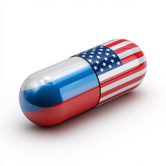 C&aacute;psula de medicamento con las banderas de Estados Unidos y Rusia