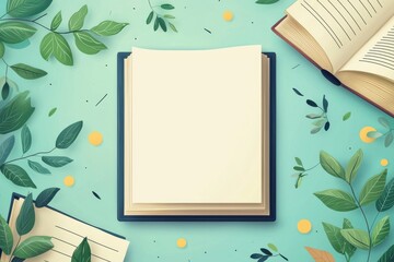 A4 frame with blank space at the center surrounded by open books and green leaves on a turquoise background
