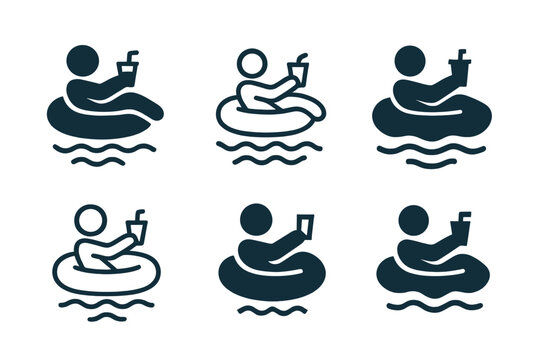 Inflatable Tube Logos. Floating on an inflatable. Set Logo of Floating on an inflatable: tube float with drink cup and waves. Icon set. harmonious logo