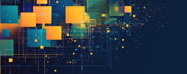 Abstract background featuring blue and yellow geometric shapes with digital grid design and dynamic technology aesthetic