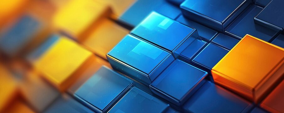 Abstract background featuring blue and yellow geometric cubes creating a modern and dynamic visual effect