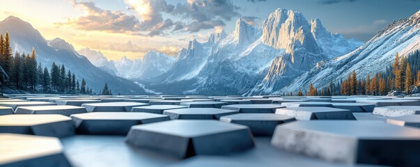 Abstract hexagon design with scenic mountain landscape and sunset sky, featuring snowy peaks and a serene natural environment