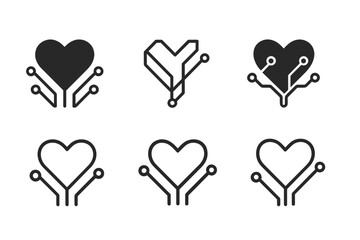 Diverse Startup Logos. Social impact startups. Set Logo of Social impact startups: ethical tech circuit heart badge. Icon set. harmonious logo variations of