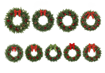 Collection of ten christmas wreaths with red bows and pinecones, isolated on transparent background