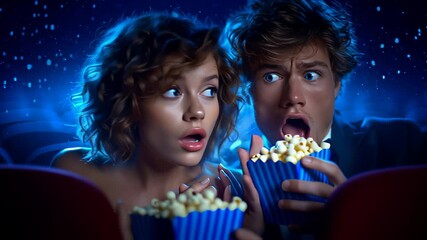 Couple sits in cinema, looking with wide eyes at screen as they enjoy engaging film. Dark theater with glowing screen creates vibrant atmosphere