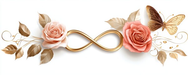 Elegant golden infinity symbol with roses and butterfly celebrating eternal beauty and love