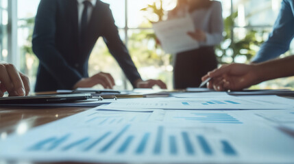 Business people discussing financial reports in an office setting