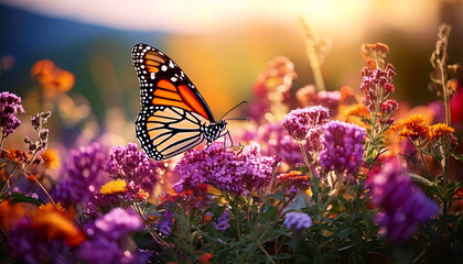 A macro photograph of a monarch butterfly perched delicately on a bush with purple flowers in the background. Generative AI.