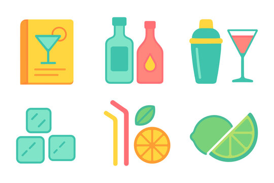 Colorful cocktail elements on white background including drinks, ice, citrus, and straws