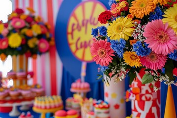 A circus-themed party adorned with bright primary color flowers and playful decor,