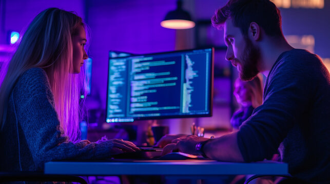 Two programmers collaborating on coding work at night