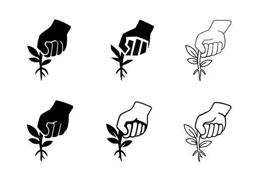 Weed Pulling Logos. Pulling weeds. Set Logo of Pulling weeds: gloved hand pulling taproot. Icon set. harmonious logo variations of the same emblematic concept,