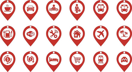 Diverse Collection of Location Pin Icons in Red for Travel Mapping Navigation Featuring Essential Destinations on Isolated Clear Backdrop Design