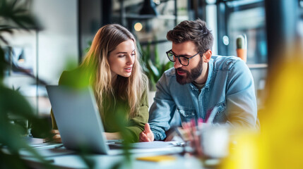 Two colleagues discussing work together in an office setting