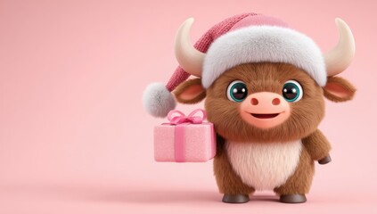Cute 3D baby buffalo wearing a Santa hat and holding a Christmas gift box on a pink background, funny xmas delivery scene