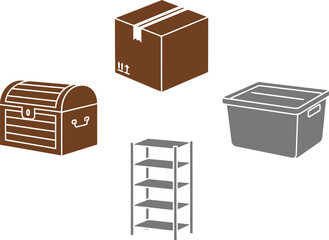 Home Storage Icons Cardboard Box, Plastic Bin, Shelving Unit, Storage Chest