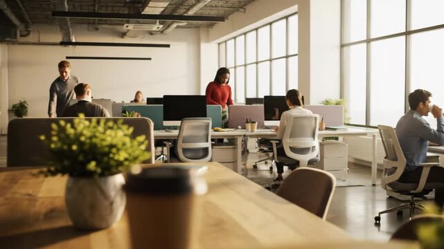 Bright open space office with professionals working at computers, showcasing a clean contemporary design and a collaborative corporate environment.
